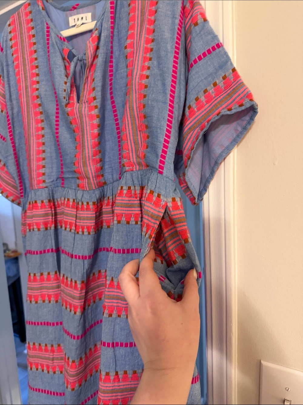 THML Blue Dress with Pink and Coral Embroidery - Picture 4 of 4